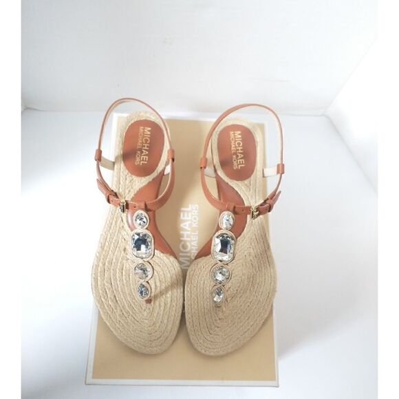 New! MICHAEL KORS Women's Rhinestone T-Strap Espadrille Sandals Size 8 Brown - Picture 7 of 14